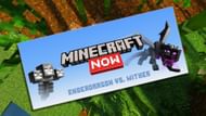 The Minecraft Now mob vote logo over an in-game environment (Image via Mojang)